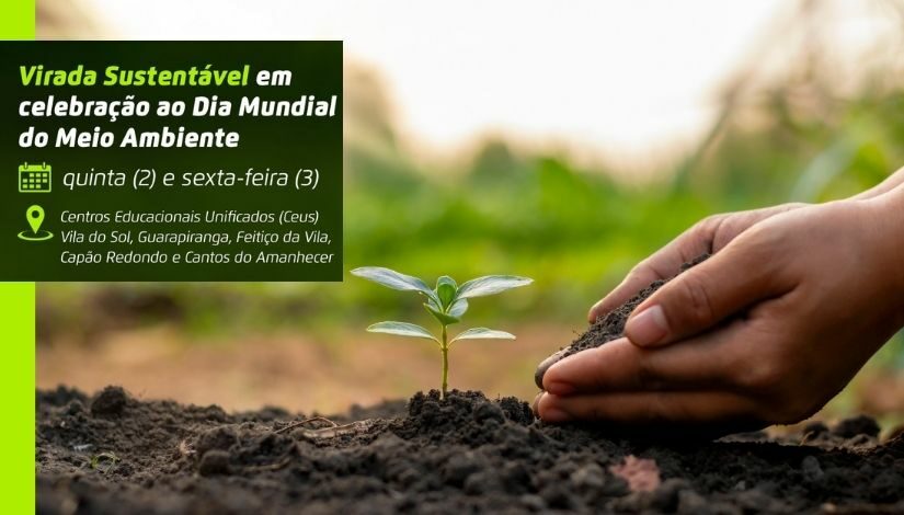 Fotografia de duas mãos plantando uma muda de árvore. Segue como texto 