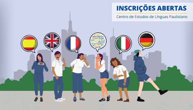 Ilustração de crianças usando uniforme escolar azul e branco e balões de fala representando cinco idiomas idiomas simbolizados pelas bandeiras dos países. Ao fundo a silhueta da cidade. Segue com o texto 'Inscrições abertas - Centro de Estudos de Línguas Paulistano'.