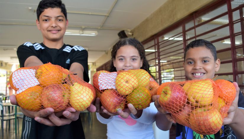 três crianças de diferentes idades segurando um kit de frutas