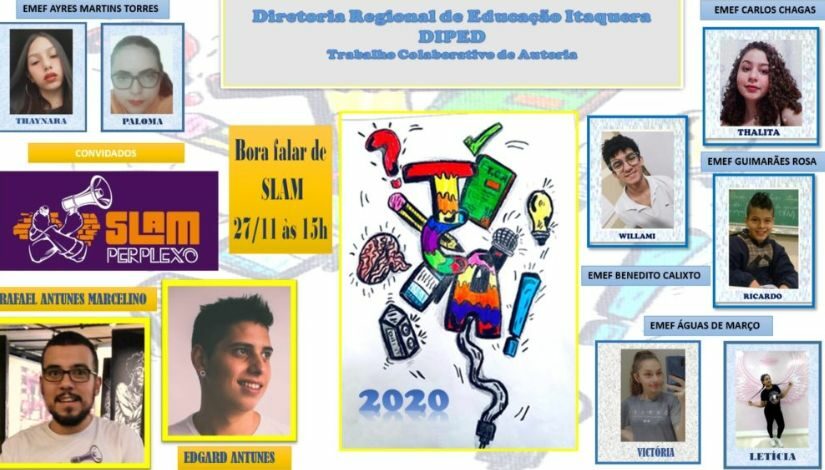 Edgard Antunes e Rafael Antunes são entrevistados no dia 27 de novembro, às 15 horas, por Thaynara e Paloma da EMEF Ayres Martins Torres, Vitória e Letícia, da EMEF Aguas de Março, Williami, da EMEF Benedito Calixto, Thalita, da EMEF Carlos Chagas, e Ricardo, da EMEF Guimarães Rosa.