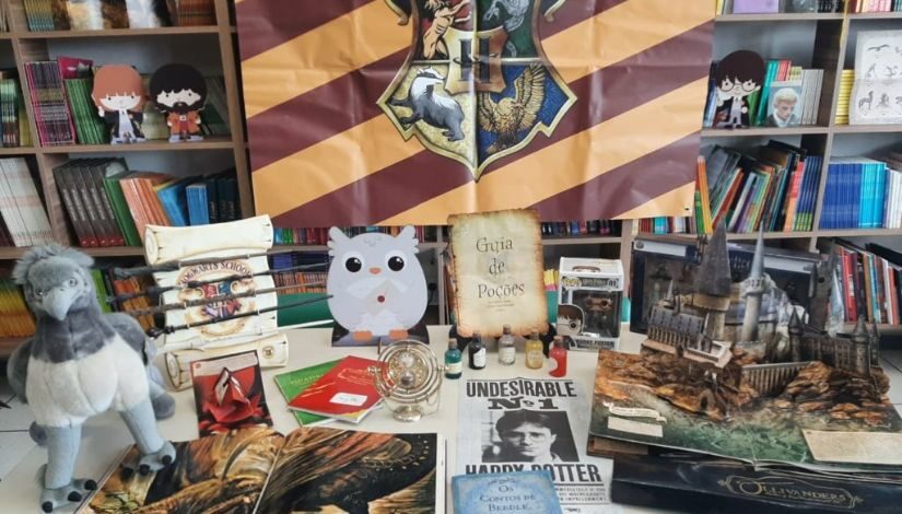Foto de uma mesa com diversos objetos alusivos aos filmes do Harry Potter