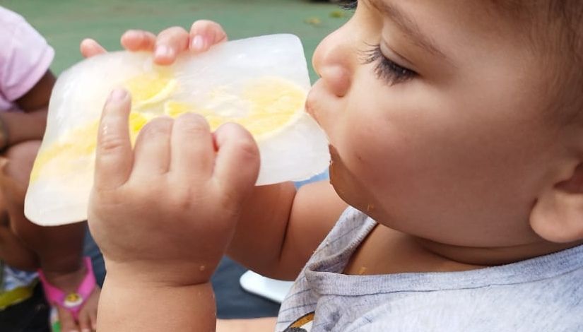 Bebê vestindo uma camiseta cinza, comendo um retângulo de gelo com laranjas dentro.