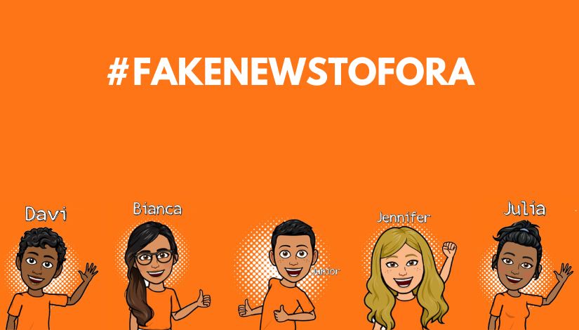 Imagem com o fundo laranja e a #FakeNewsTôFora. Seis figuras de estudantes com camiseta laranja.