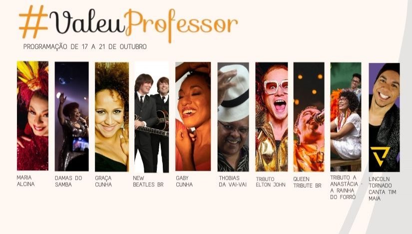 Imagem com fundo em tom pastel nude e uma composição de imagens de 10 artistas que se apresentarão no #Valeu Professor de 17 a 21 de outubro.