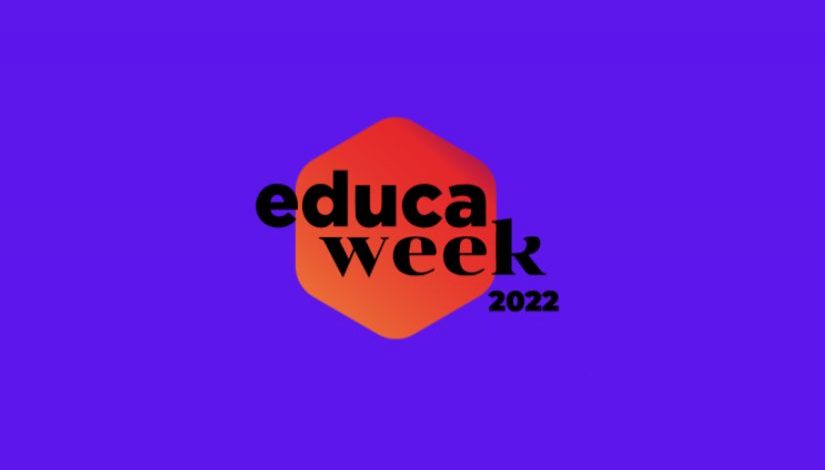Imagem com fundo roxo e no centro a logomarca Educa Week 2022.