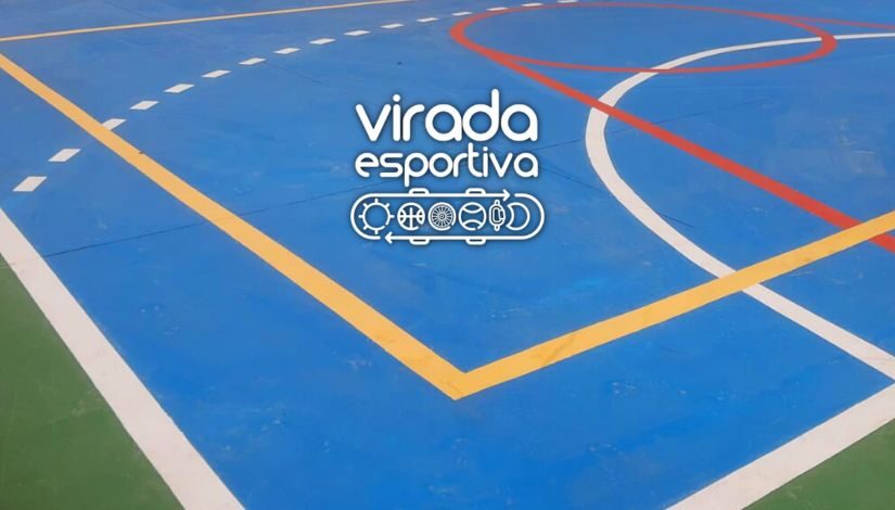 Imagem do piso de uma quadra poliesportiva onde se lê "Virada Esportiva".
