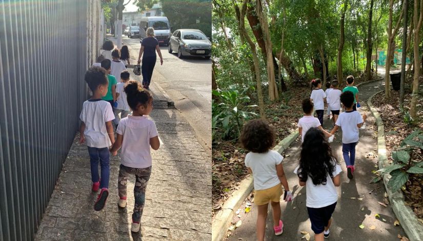Crianças caminhando pelo bairro da Vila Mariana em direção a Biblioteca Raul Boop, no Parque da Aclimação.