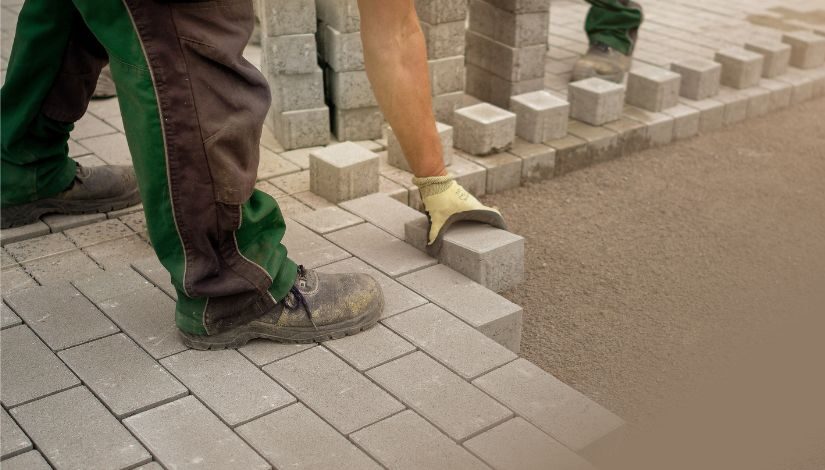 Fotografia do joelho para baixo de uma pessoa colocando um paralelepípedo, com sua mão direita, no chão que está sendo construído.