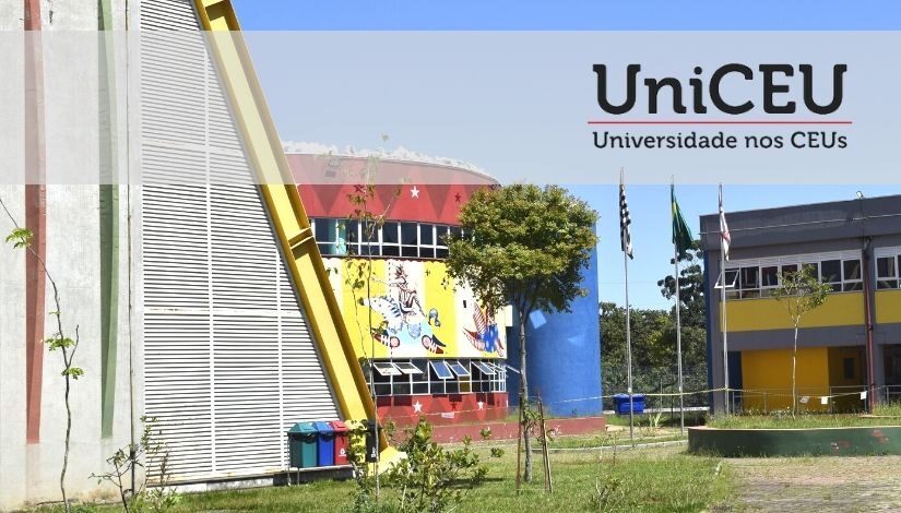 Fachada do CEU Tiquatira com 3 prédios coloridos e o texto Uniceu