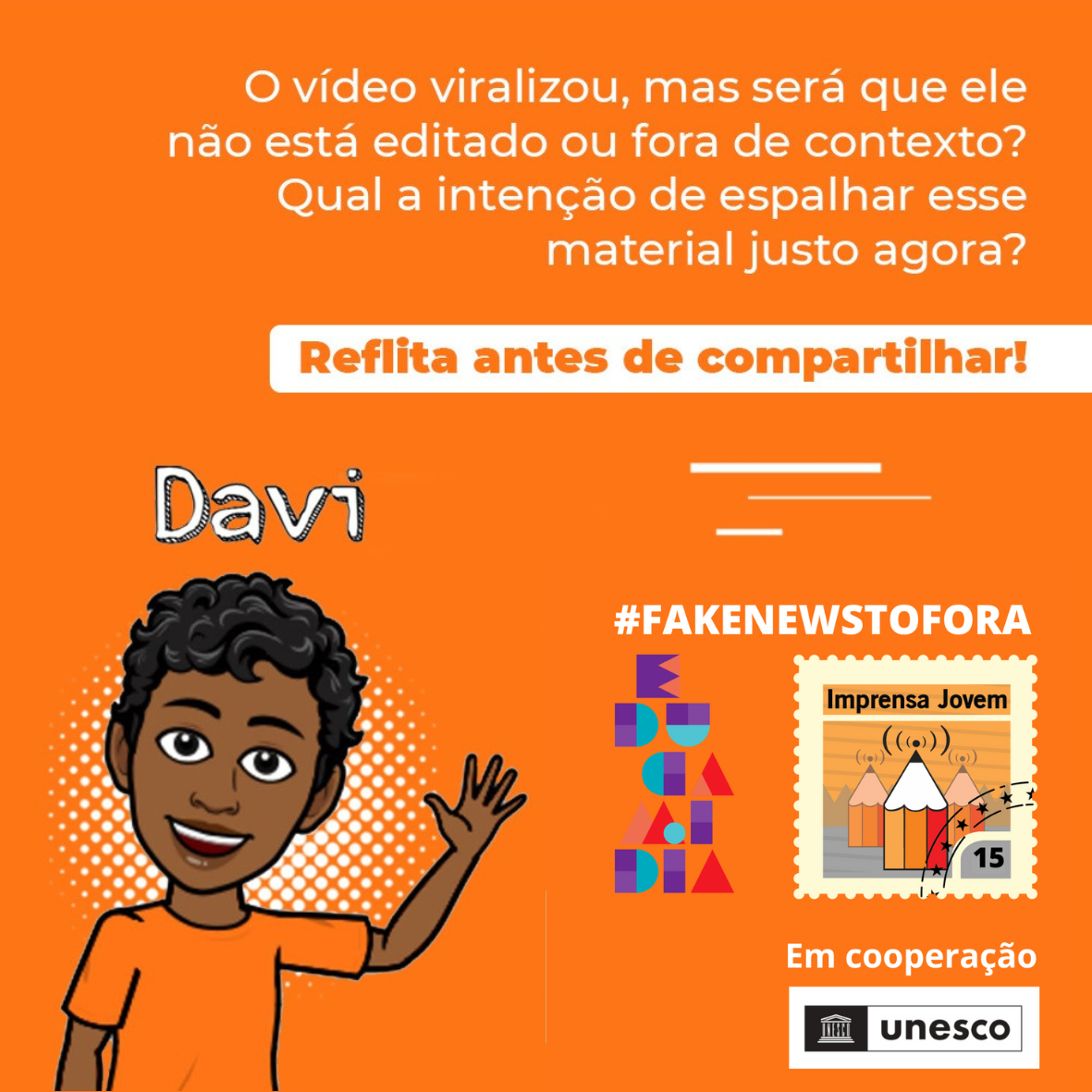 Imagem card campanha Fakenewstofora com personagem negro com camiseta laranja
