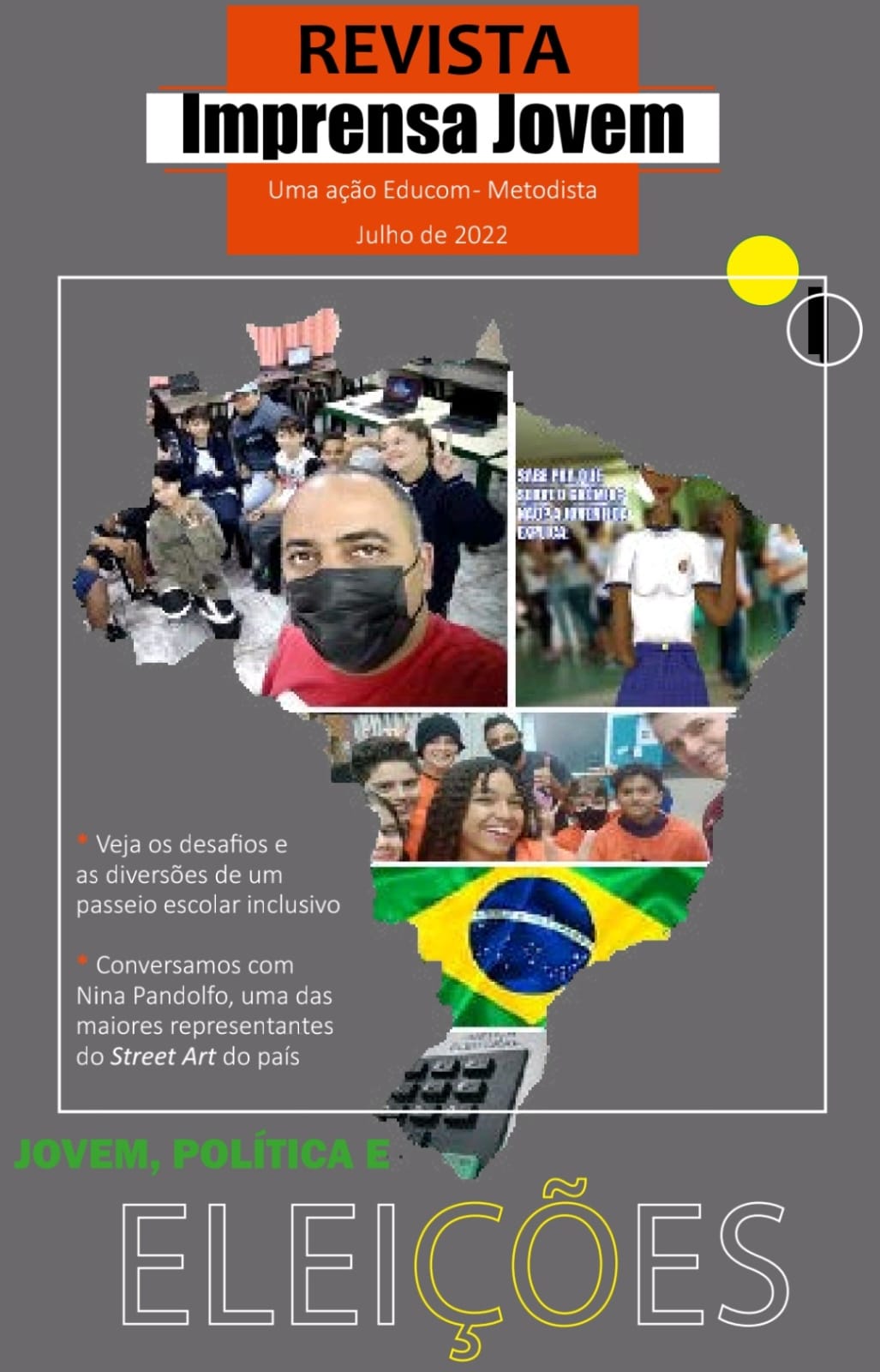Capa da revista Imprensa Jovem com imagem do mapa do Brasil ilustrado com fotografia de pessoas