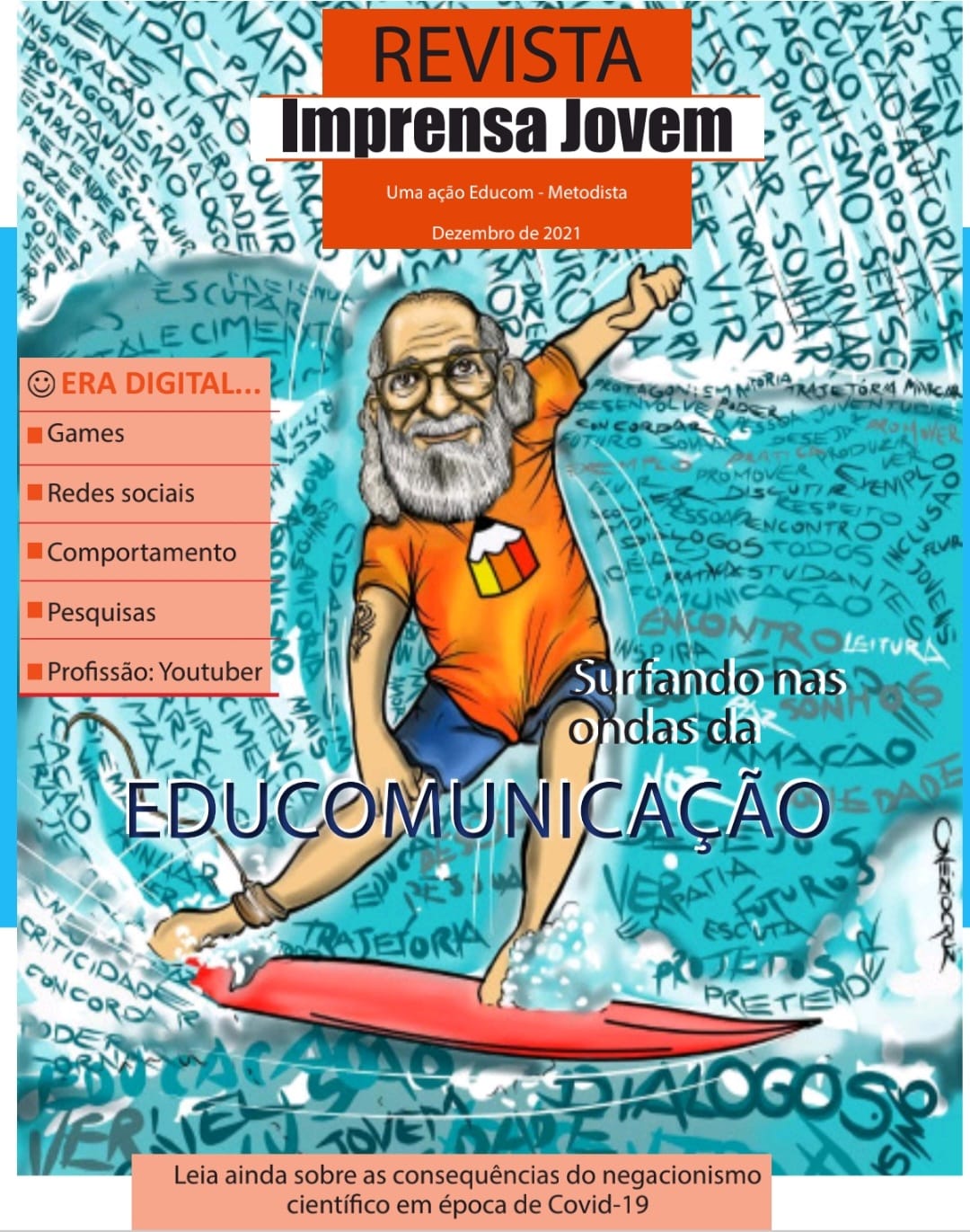 Capa da Revista Imprensa Jovem com desenho de Paulo Freire surfando em onda azul vestindo camisa laranja do Imprensa Jovem