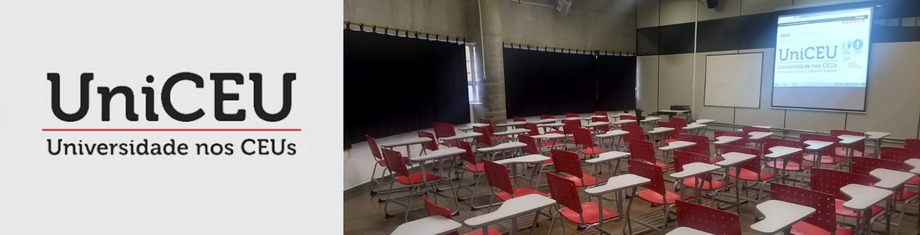 Foto de uma sala de aula, cadeiras vermelhas e projeção. Escrito Uniceu - Universidade nos CEUs