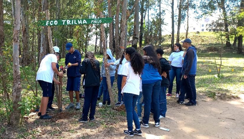 Jovens estudantes em uma área verde cavando buracos na terra para instalar as madeiras e palha de identificação do portal "Eco Trilhas"