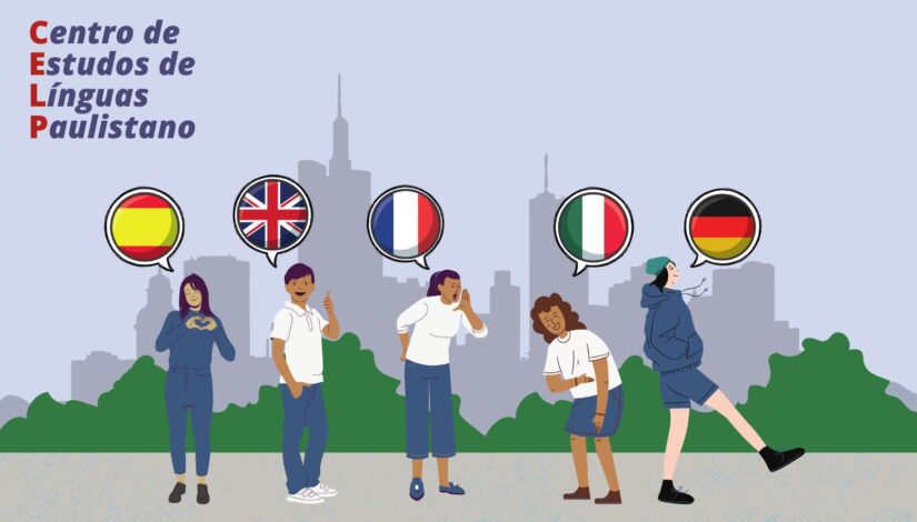 Ilustração de crianças usando uniforme escolar azul e branco e balões de fala representando cinco idiomas simbolizados pelas bandeiras dos países. Ao fundo a silhueta da cidade. Segue com o texto 'ICentro de Estudos de Línguas Paulistano'.