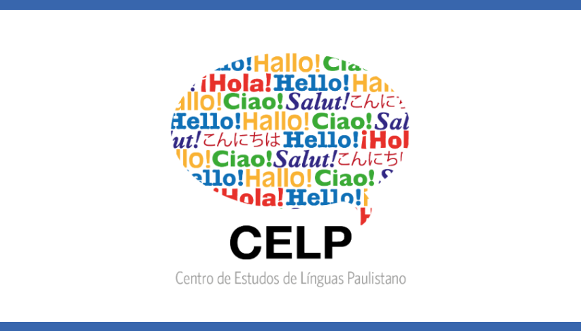 balão de fala com a Saudação "Olá" escrita em diversos idiomas em letras coloridas e logo abaixo a sigla CELP e o título Centro de Estudos de Línguas Paulistano