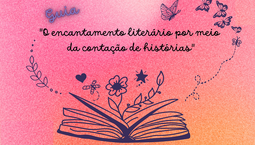 Fundo da imagem predominantemente rosa, com um desenho em azul representando um livro aberto, com flores, ramos, borboleta, estrelas.