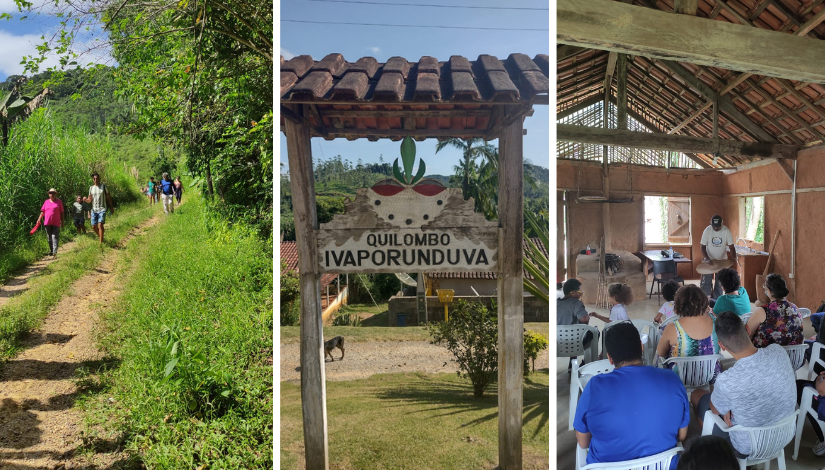 Montagem com fundo branco e três fotografias. Na primeira, há pessoas caminhando em uma trilha, em volta deles tem várias árvores. A do meio tem uma placa de madeira com o texto "Quilombo de Ivaporunduva". Na última pessoas estão sentadas de costas para a foto, na frenet delas há um homem de pé.