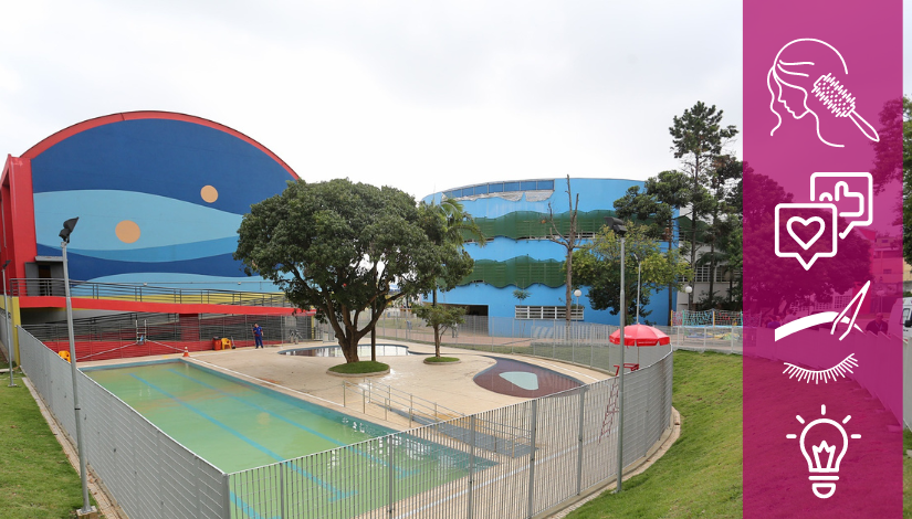 Fotografia de foto da fachada do CEU Heliópolis com diferentes ícones 