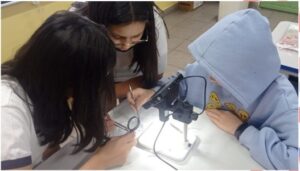 três estudantes do projeto PAP realziando uma pesquisa investigativa de observação com lupa