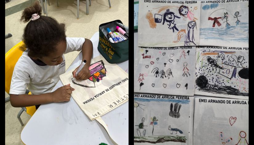 Composição com duas imagens. No quadrante esquerdo há uma menina desenhando em sua sacolinha com canetinhas. No quadrante direito, várias sacolinhas com o nome da EMEI Armando de Arruda Pereira e o desenho das crianças em cada uma delas.