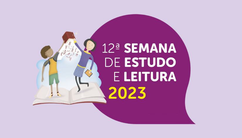 Banner com a logomarca da 12ª Semana De Estudo E Leitura 2023 - ilustração de duas pessoas sobre um livro aberto segurando um outro livro em dele cai diversas letras soltas