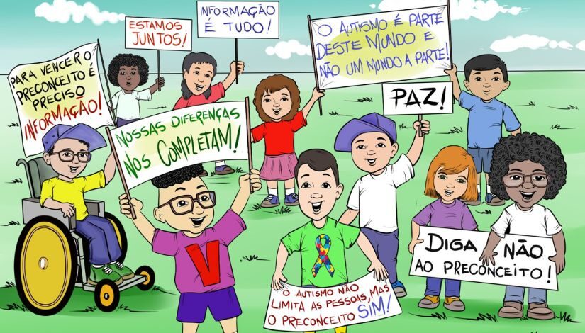 Imagem com figura de várias crianças segurando faixas com dizeres sobre a conscientização sobre o Autismo.