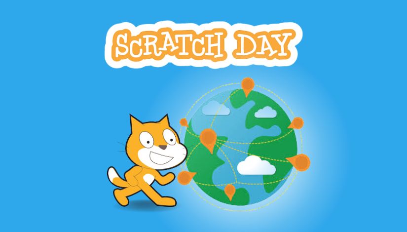 Imagem com fundo azul com o dizer "Scratch Day" e as figuras de um gato amarelo e um planeta.