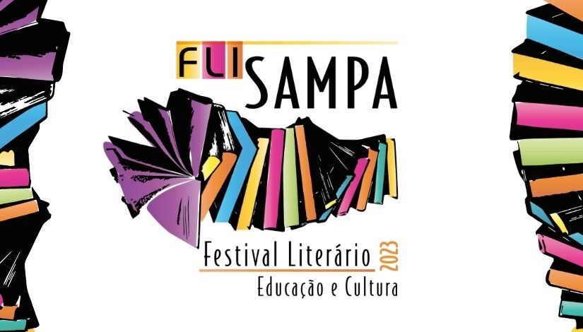 Quado na cor branca com detalhes coloridos de partes de livros. Segue com a Logo da Fli Sampa - Festival Literário 2023, Educação e Cultura