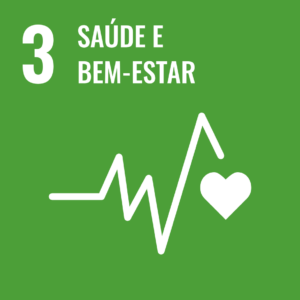 Ícone do ODS 3: quadrado verde, escrito em branco na parte superior: "3" e "SAÚDE E BEM-ESTAR". Na parte central e inferior, há a imagem, em branco, de um traçado eletrocardiográfico e um coração.