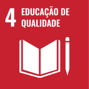 Ícone do ODS 4: quadrado vermelho, escrito em branco na parte superior: "4" e "EDUCAÇÃO DE QUALIDADE". Na parte central e inferior, há a imagem, em branco, de um livro aberto e um lápis virado para baixo, à direita do livro..