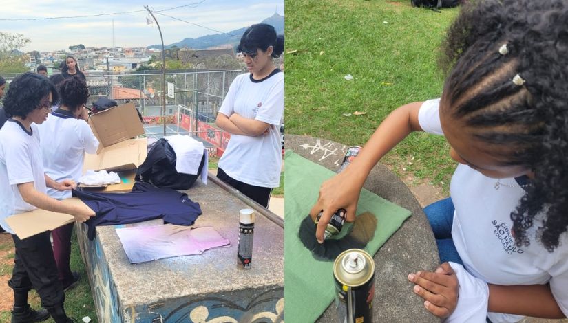 Composição com duas fotografias que mostram estudantes jovens com camisetas sobre mesas de pedra e spray na mão.