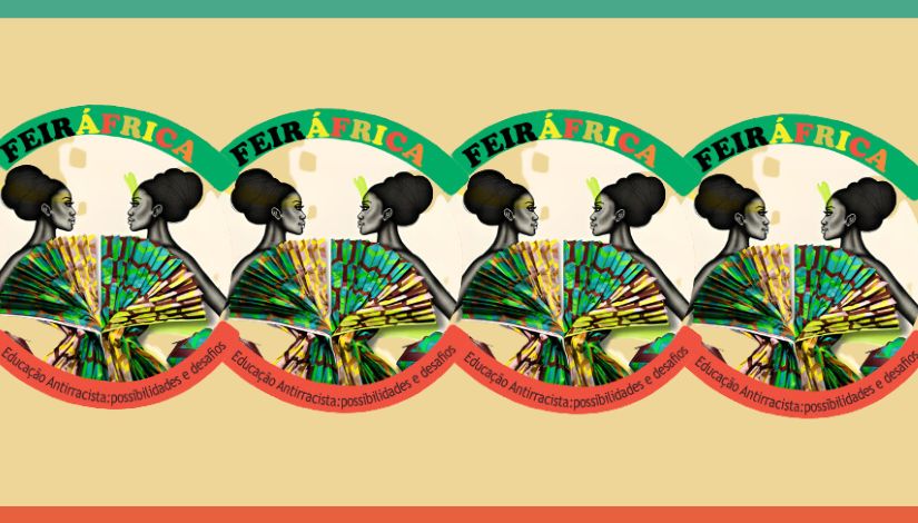 Imagem nas cores nude, laranja e verde com a imagem de uma mulher negra replicada diversas vezes onde se lê "FeirÁfrica - Educação antirracista: possibilidades e desafios".