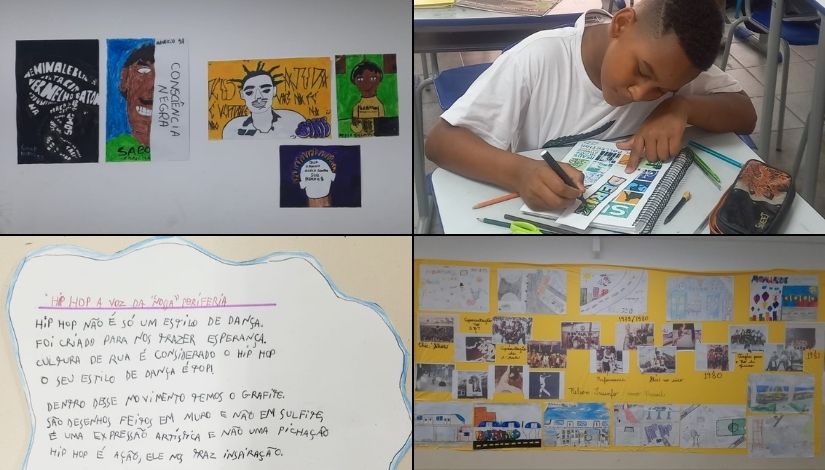 Imagem traz a composição com 4 fotografias que mostram cartazes com informações sobre a cultura hip-hop. Uma das imagens mostra um menino fazem escritas em coloridas de nomes.