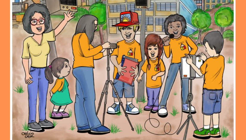 Ilustração de estudantes com a camiseta laranja do Programa Imprensa Jovem e uma professora. Eles estão na cidade com seus equipamentos de gravação de reportagem.