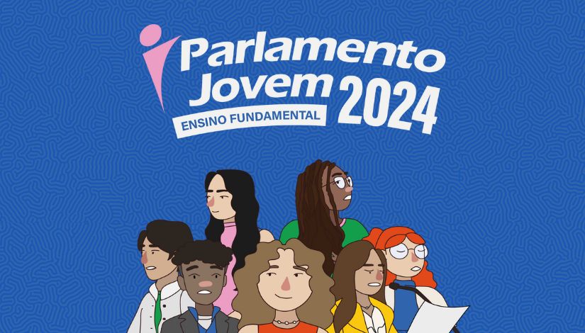 Imagem com o texto "Prêmio Parlamento Jovem Paulistano 2024" e a figura de jovens juntos.