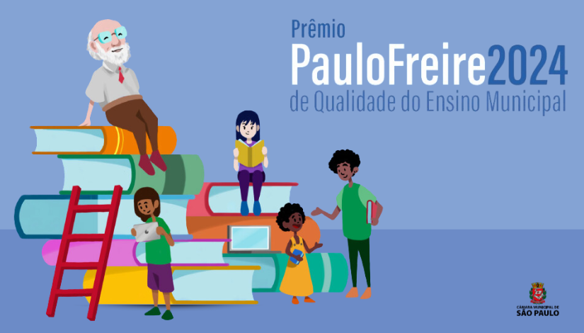 Imagem com o texto "Prêmio Paulo Freire 2024 de Qualidade do Ensino Municipal"