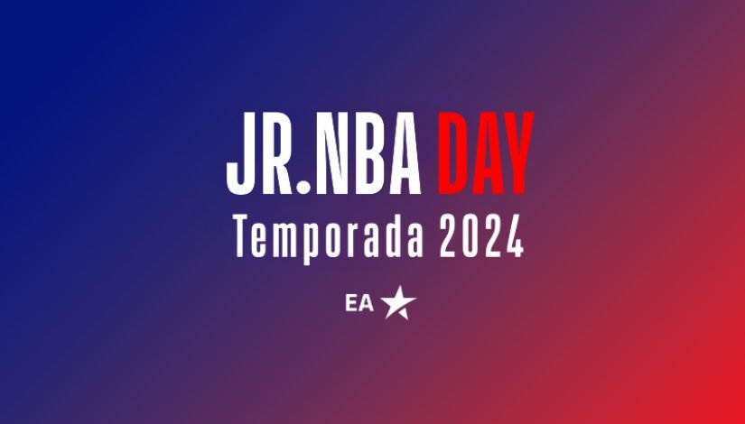 Fotografia com fundo azul e vermelho onde se lê "JR.NBA Day - Temporada 2024 = EA"