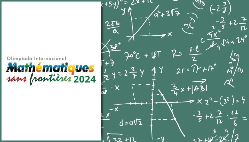 Figura com a lateral esquerda branca onde se lê Olimpíada Internacional Mathématiques 2024. Na lateral direita o fundo de lousa com várias contas matemáticas.