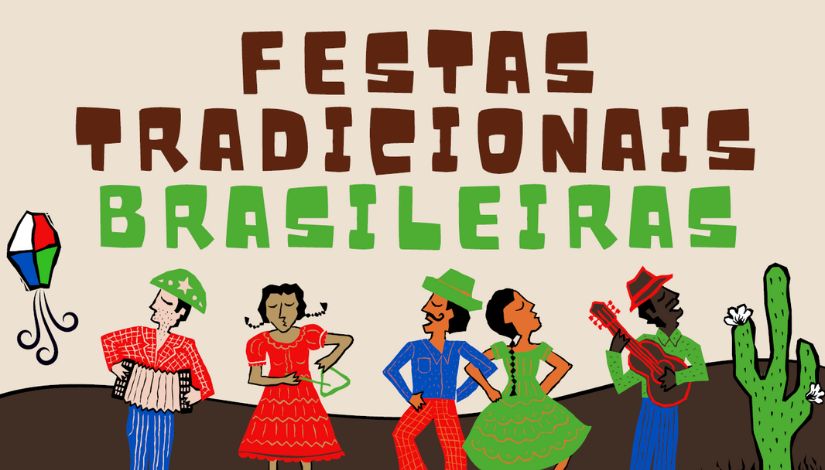Imagens de dançarinos com a frase "Festas Tradicionais Brasileiras".