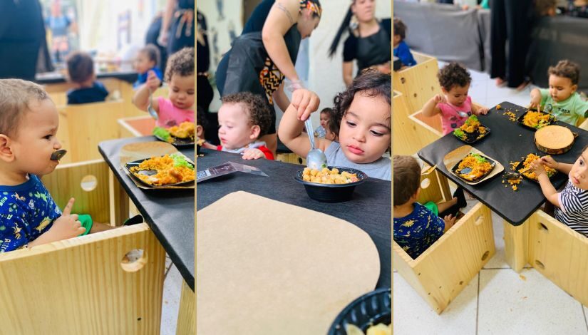 Arte com três fotografias de crianças comendo.