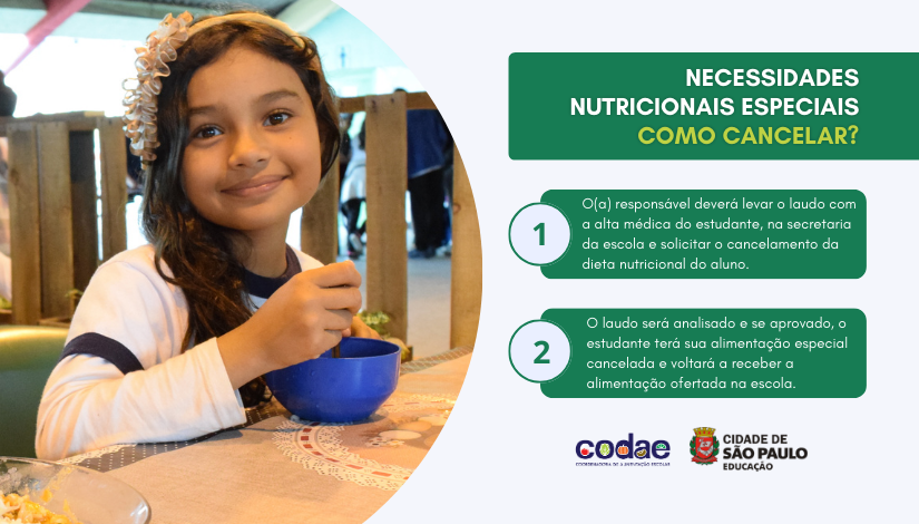 Necessidades Nutricionais Especiais como CANCELAR? O(a) responsável deverá levar o laudo com a alta médica do estudante, na secretaria da escola e solicitar o cancelamento da dieta nutricional do aluno. O laudo será analisado e se aprovado, o estudante terá sua alimentação especial cancelada e voltará a receber a alimentação ofertada na escola.