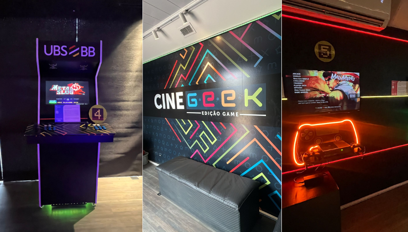 Três imagens. Na primeira, um fliperama com luzes azuis. Na segunda, uma letreiro na parede escrito "Cine Geek". No terceiro, um quarto com videogames e iluminação vermelha. 