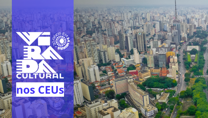 Fotografia da cidade de São Paulo com a logomarca da Virada Cultural