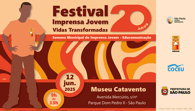 Imagem de desenhos de estudantes do Imprensa Jovem vestidos de laranja com informação sobre Festival Imprensa Jovem