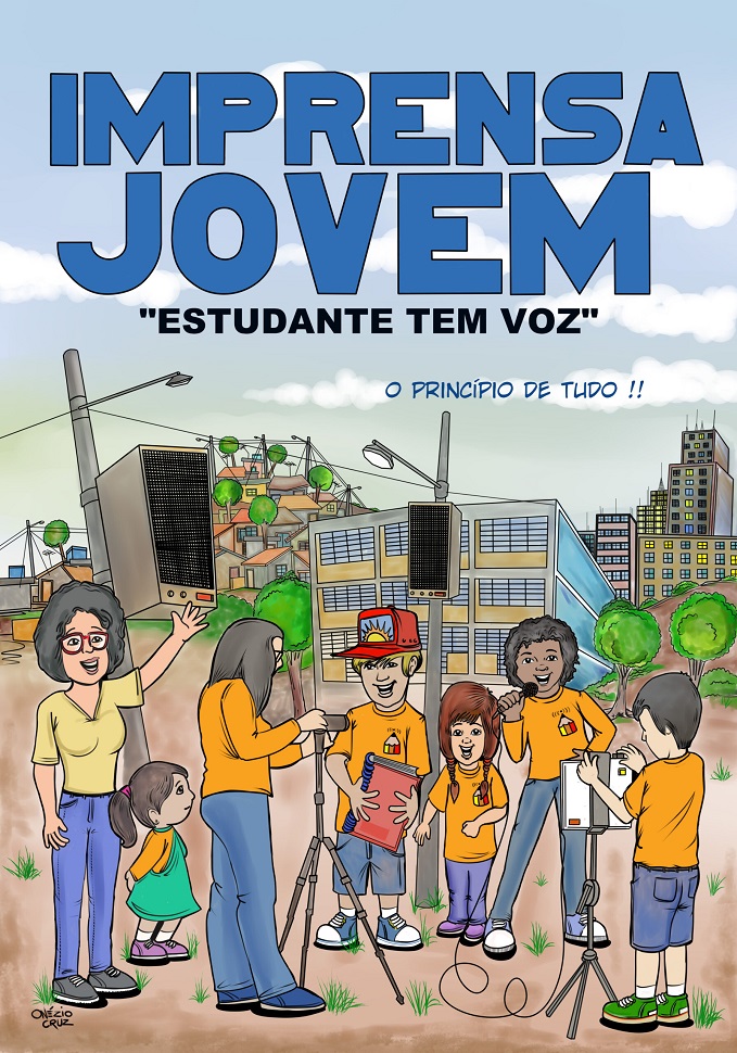 Imagem da capa do Gibi Imprensa Jovem com ilustração de crianças repórteres realizando reportagem da comunidade