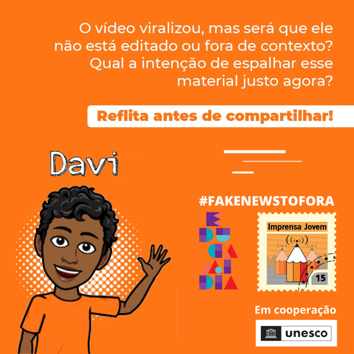 Ilustraação de criança informando frase de combate as fake news