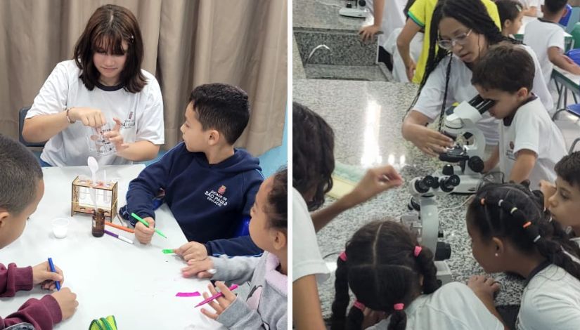 Imagem composta por dois momentos de investigação e descobertas onde estudante dos sétimos anos compartilham experimentos com as crianças dos 1]s anos. As atividades usam canetinhas coloridas e microscópio. 