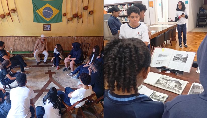 Fotografia de estudantes participando de atividades culturais ligadas ao projeto da Academia Estudantil de Letras. Na primeira imagem, um grupo está reunido em roda na Casa do Mestre Ananias. Na segunda imagem, os estudantes aparecem em uma sala da Biblioteca Mário de Andrade, observando livros e fotografias históricas. 
