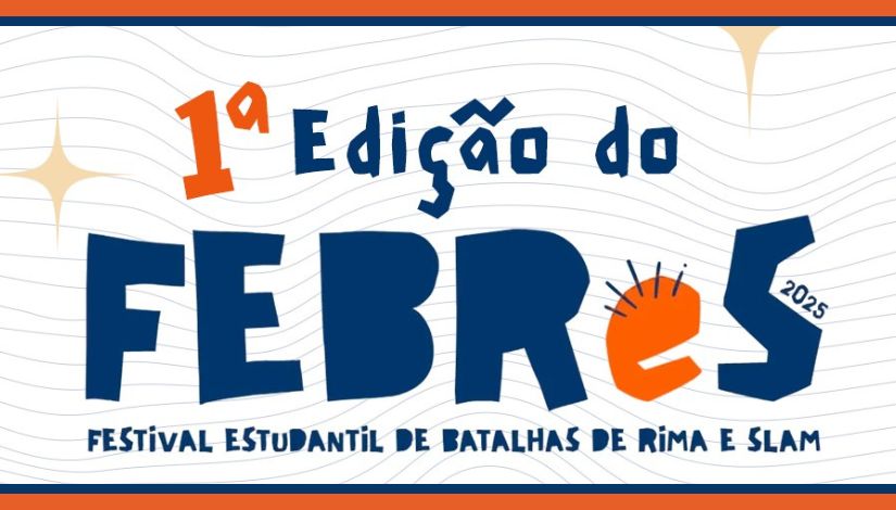 Fotografia com o fundo listrado e o texto 1ª Edição do FEBRES - Festival Estudantil de Batalhas de Rimas e Slam.